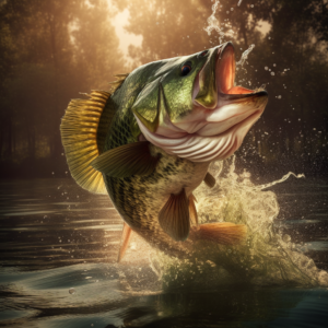rendering of bass jumping out of water